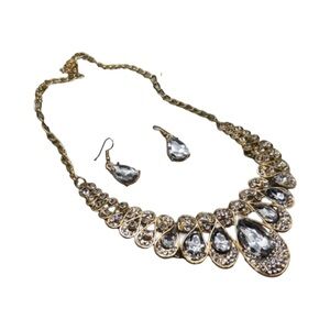 Gold-Tone Crystal Teardrop Statement Necklace and Earring Set